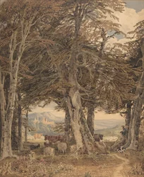 Ganado y ovejas descansando al borde de un bosque, ca. 1840