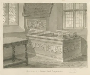 Iglesia de Ellastone - Monumento a Sir John Fleetwood: dibujo en sepia, 1841