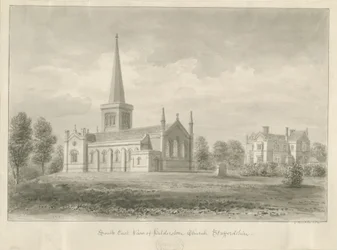 Iglesia de Hilderstone: dibujo en sepia, 1841