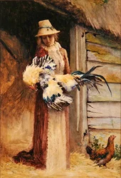 Una mujer sosteniendo un gallo