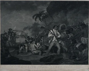 La muerte del capitán James Cook a manos de los indios de Owhyee, una de las islas Sandwich