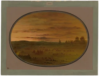 Un campamento indio al atardecer
