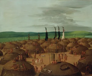 Vista aérea del pueblo Mandan, 1800 millas arriba de St. Louis, 1837-1839