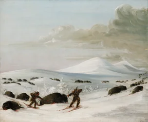 Persecución de búfalos en ventisqueros, indios con raquetas de nieve