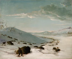 Caza de búfalos en invierno, indios con raquetas de nieve