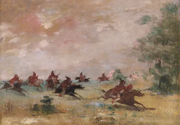 Grupo de guerra comanche, montado en caballos salvajes