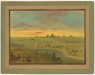 Campamento de indios Pawnee al atardecer