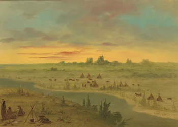 Campamento de indios Pawnee al atardecer