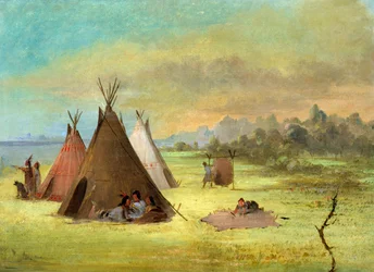 Campamento indio, comanche (o kiowa) Vistiendo pieles, Río Rojo