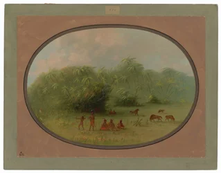 Indios y caballos en el bosque