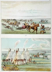 Indios de América: (arriba) tribu moviéndose con pieles para la venta. (abajo) tribu de 500 a 600 tipis. Ilustración de George Catlin (1794-1872)