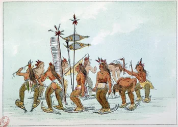 Indios de América: Danza del raqueta de nieve en la tribu Chippewa. Ilustración de George Catlin