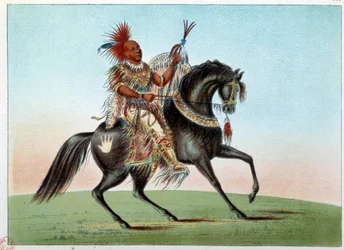 Indios de América: retrato ecuestre de un jefe indio de la tribu de los Sacs y Foxes. Ilustración de George Catlin (1794-1872)