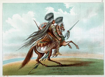 Indios de América: indios Miniatarees cazando caballos salvajes al pie de las Montañas Rocosas. Ilustración de George Catlin (1794-1872)