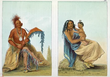 Indios de América: retrato de un jefe osage llamado Clermont con su esposa y su hijo. Ilustración de George Catlin (1794-1872)