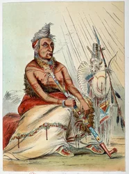 Indios de América: Retrato de un viejo jefe indio fumando su pipa, llamado El Mocasin Negro. Ilustración de George Catlin (1794-1872)