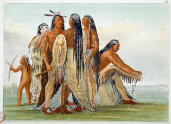 Indios de América. Los mandan: el jefe San Ja Ka Ko Kah (San-Ja-Ka-Ko-Kah) rodeado de su familia. Grabado de George Catlin (1794-1872)