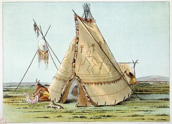Indios de América: Tipi de la tribu de los Crows con adornos de puercoespines. Ilustración de George Catlin