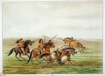 Indios de América: Comandantes guerreros entrenando a caballo. Ilustración de George Catlin (1794-1872).