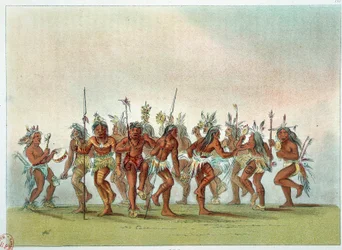 Indios de América: danza de los espíritus entre los Sioux para obtener la clemencia del cielo. Ilustración de George Catlin