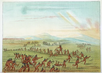 Indios de América: enseñanza de la caza para niños Mandan entre 7 y 15 años. Ilustración de George Catlin