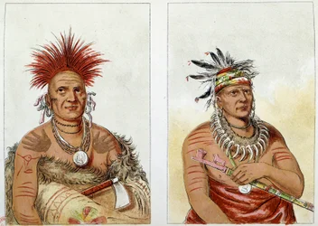 Indios de América: el jefe de caballos de la tribu de los grandes pawnees (o Paneassa, Pari, Pariki) (nº 138) segundo jefe más anciano (nº 139) - El segundo tiene un collar hecho de garras de oso - Ilustración de George Catlin (1794-1872).