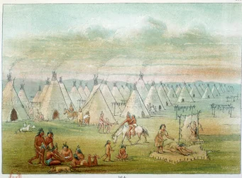 Indios de América: aldea comanche, las tiendas están hechas de pieles de bisonte. Ilustración de George Catlin (1794-1872)