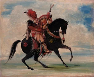 Kee-o-kúk, el zorro vigilante, jefe de la tribu, a caballo