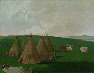 Sioux acampados en el Alto Missouri, aderezando carne y túnicas de búfalo