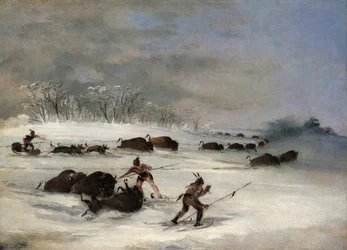 Indios sioux con raquetas de nieve Lanceando búfalos
