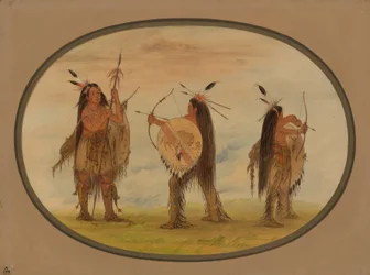 Tres guerreros Mandan armados para la guerra