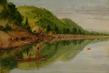 Vista del río San Pedro, indios sioux persiguiendo a un ciervo en sus canoas
