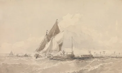 Barcazas y botes a vela en un mar agitado
