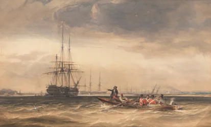 Soldados siendo remados a un Indiaman en Northfleet