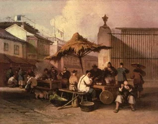 Un grupo de chinos comiendo fuera de la iglesia de San Domingo