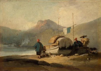 Escena china, barcas junto al lago