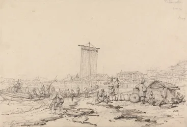 Escena costera con pescadores y edificios, Macao