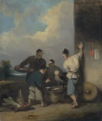 Coolies alrededor del puesto del vendedor de comida