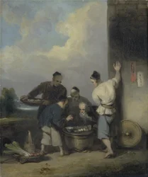 Coolies alrededor del puesto del vendedor de comida
