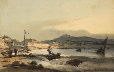 La Praya Grande, Macao, desde el sur, con el Fuerte de San Pedro a la izquierda, 1830-1845