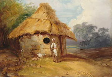 Vista en el sur de la India, con un guerrero fuera de su cabaña, c.1815