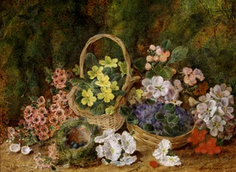 Flores primaverales y pájaros anidando en un banco de musgo. Pintura de George Clare (1835-1899) Colección privada.