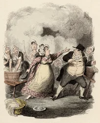 En el hospicio, Monsieur Bumble es severamente rechazado por su esposa, Madame Corney - Mr Bumble degradado a los ojos de los pobres - Ilustración para "Oliver Twist" (Las aventuras de Oliver Twist) de Charles Dickens (1812-1870), por George Cruikshank