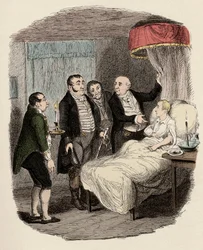 El Dr. Losberne mostrando a Oliver a los oficiales de policía de Bow Street - Oliver atendido por los corredores de Bow Street - Ilustración para “Oliver Twist” (Las aventuras de Oliver Twist) de Charles Dickens, por George Cruikshank.