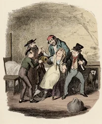 Fagin, Charley Bates, Kikes y Dawkins reaniman a Nancy - Ilustración para "Oliver Twist" de Charles Dickens