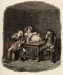Fagin haciendo negocios con Morris Bolter, alias Noe Claypole, y Charlotte - El judío y Morris Bolter comienzan a entenderse - Ilustración para "Oliver Twist" (Las aventuras de Oliver Twist) de Charles Dickens (1812-1870), por George