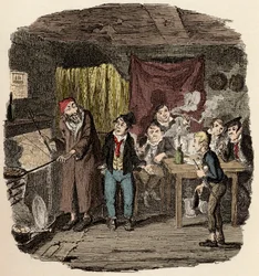 Jack Dawkins presenta a Oliver a Fagin y su equipo - Ilustración para "Oliver Twist" de Charles Dickens
