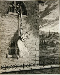 Jack escapando de Newgate Ward con su esposa Elizabeth Lyon, ilustración de 