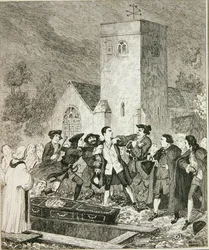 Jonathan Wild capturando a Jack en el funeral de su madre en el cementerio de Willesden, ilustración de 