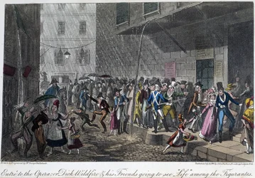 La entrada de la Ópera en París - en “Life in Paris” por David Carey, ill. por Georges Cruikshank, ed. Faiburn, Londres